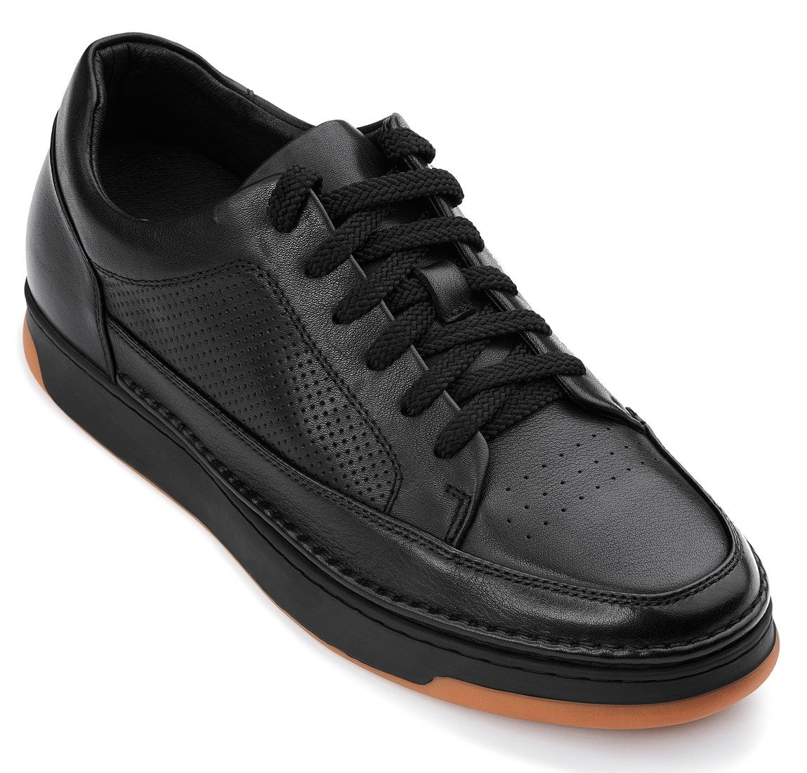 CALTO - Y7931 - 2.6 Inches Taller (Noir/Black & Gum Sole) - Elevated Leather Micro - Perforated Sneakers - TLW Shoes