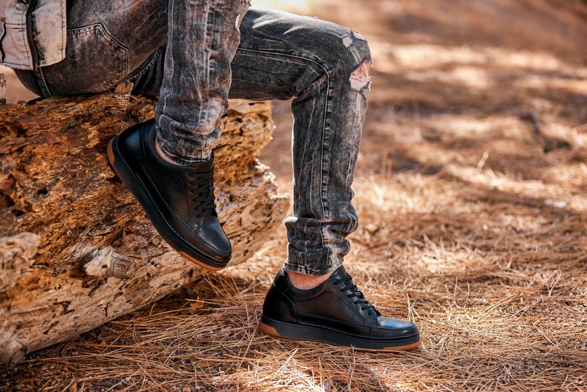 CALTO - Y7931 - 2.6 Inches Taller (Noir/Black & Gum Sole) - Elevated Leather Micro - Perforated Sneakers - TLW Shoes