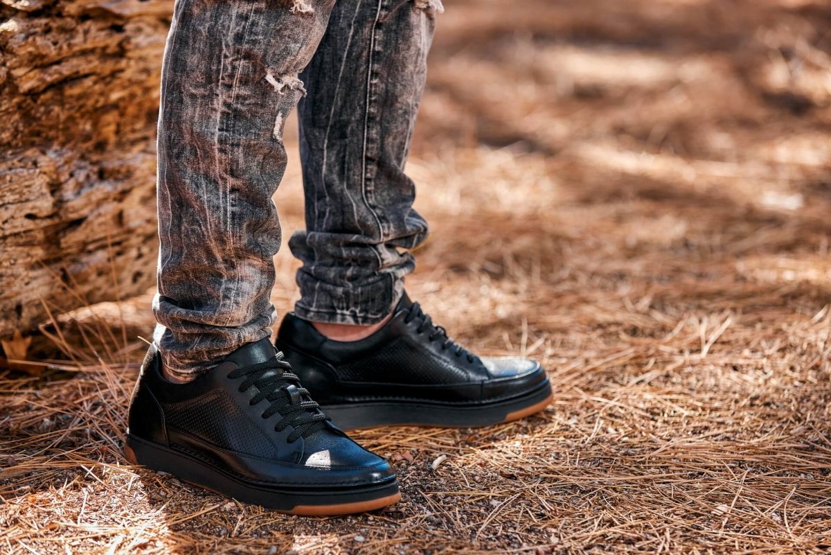 CALTO - Y7931 - 2.6 Inches Taller (Noir/Black & Gum Sole) - Elevated Leather Micro - Perforated Sneakers - TLW Shoes