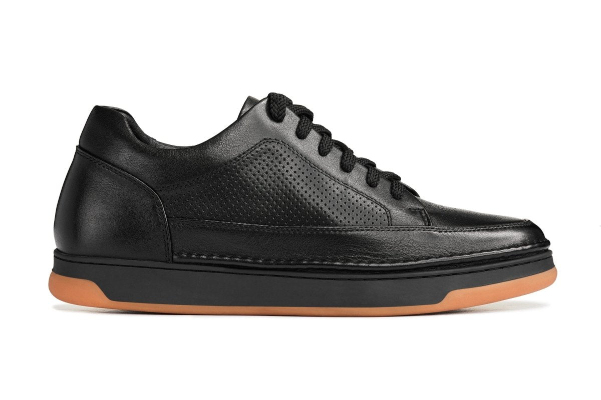 CALTO - Y7931 - 2.6 Inches Taller (Noir/Black & Gum Sole) - Elevated Leather Micro - Perforated Sneakers - TLW Shoes