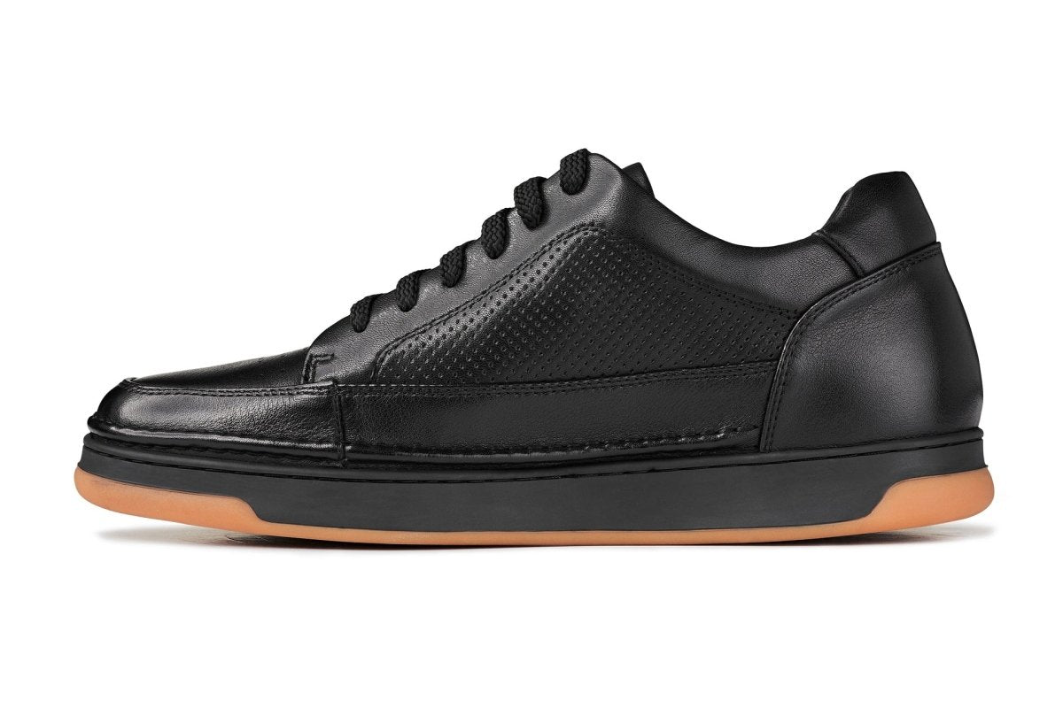 CALTO - Y7931 - 2.6 Inches Taller (Noir/Black & Gum Sole) - Elevated Leather Micro - Perforated Sneakers - TLW Shoes