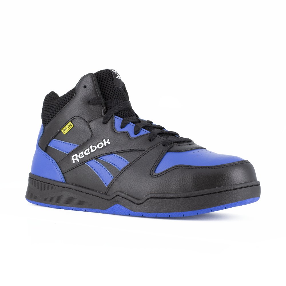 REEBOK MEN'S HIGH TOP BB4500 WORK SNEAKER WITH INTERNAL MET GUARD COMPOSITE TOE RB4166 IN BLACK AND BLUE - TLW Shoes