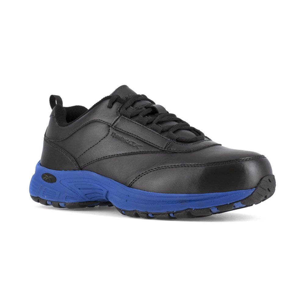 REEBOK MEN'S ATERON PERFORMANCE CROSS TRAINER STEEL TOE RB4830 IN BLACK WITH BLUE TRIM - TLW Shoes