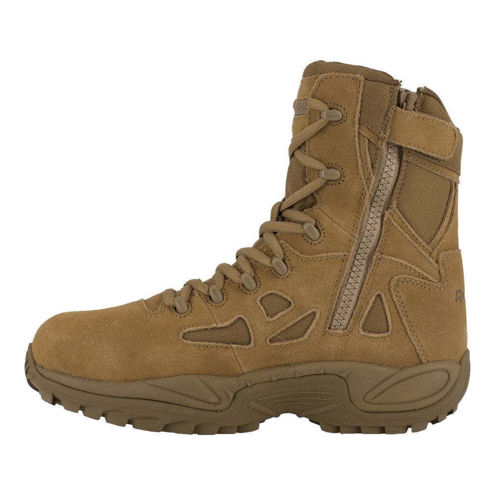 REEBOK RAPID RESPONSE RB 8" STEALTH TACTICAL BOOT WITH SIDE ZIPPER MEN'S COMPOSITE TOE RB8850 IN COYOTE - TLW Shoes